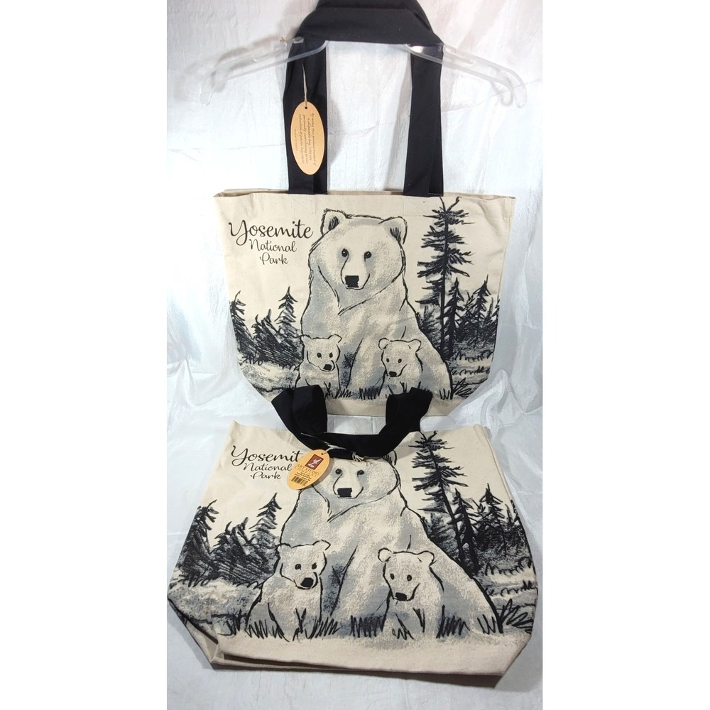 2 Large Yosemite National Park Grizzly Bear Canvas Shopper Totes 15" Tall x 18"W
